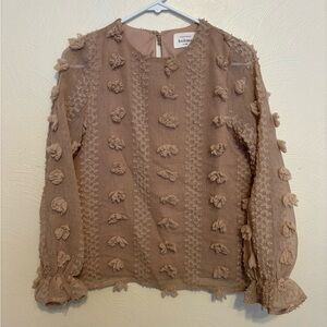Böhme Textured Pom Detail Sheer Sleeve Blouse – Taupe – XS